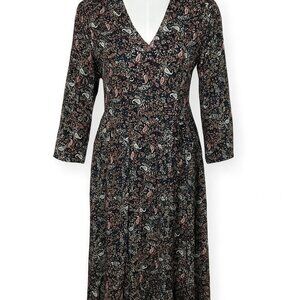 J.Jill Floral Paisley Midi Length Dress Long Sleeved VNeck Ditzy Black Size XS